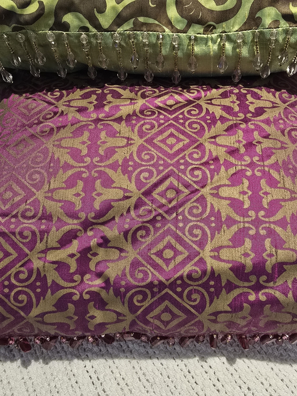 Ornate Fuchsia & Gold Damask Pillow & Green & Gold Pillow Both With Bead Trim